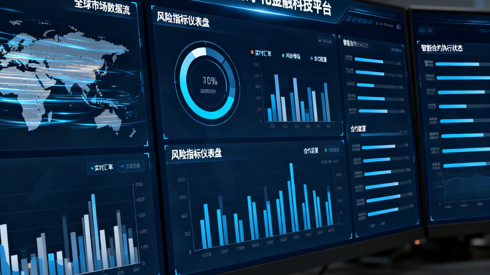 永利集团数字化金融科技平台的多屏交易监控界面，实时展示全球市场数据流、风险指标仪表盘与智能合约执行状态。
